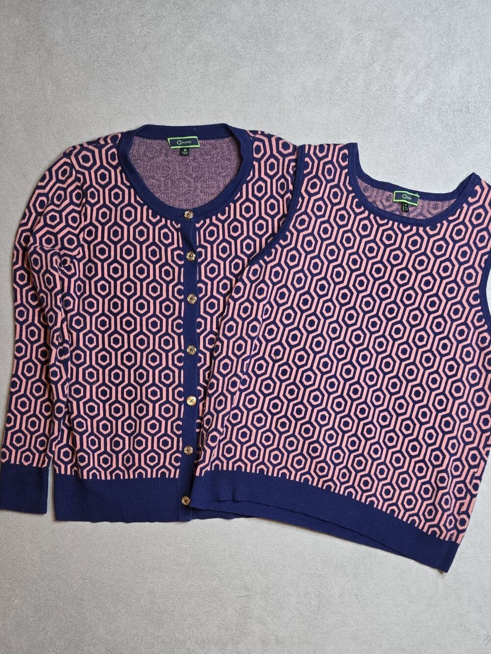 C Wonder Knit Sweater Set Cardigan and Tank Top Pink Navy Geometric Pattern Size